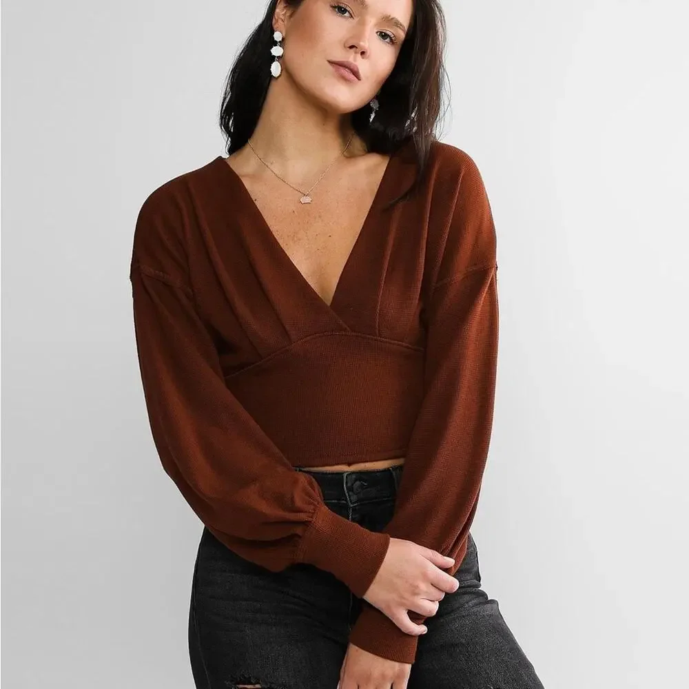 Free People All Nighter Cropped Top in chocolate brown v neckline women’s size S